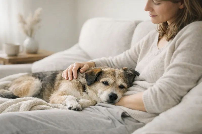 Ein entspannter Hund in einer warmen Indoor-Umgebung, der Ruhe und Geborgenheit ausstrahlt.