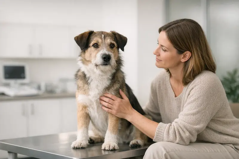 Ein Hund sitzt entspannt in einer ruhigen Indoor-Umgebung, vermittelt Sicherheit und Professionalität.