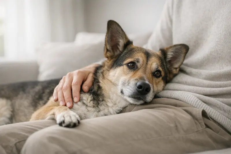 Ein Hund interagiert ruhig mit der Hand seines Halters, was Nähe und Kontrolle vermittelt.