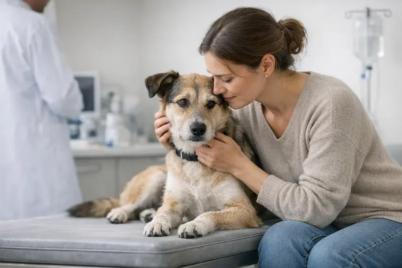 Ein ruhiger Hund in einer kliniknahen Umgebung während eines Tierarztbesuchs, um das Thema Erbrechen zu veranschaulichen.