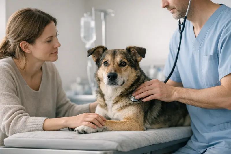 Ein Hund, der attentiv in einer tierärztlichen Klinik betreut wird.