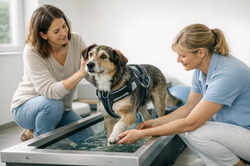 Ein Hund in einer ruhigen Reha-Situation während einer geführten Bewegungstherapie.