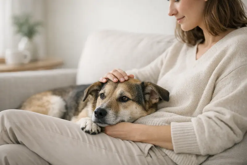 Ein ruhiger Hund liegt entspannt auf einem Teppich und strahlt Zufriedenheit aus, symbolisiert Vertrauen und Tiergesundheit.