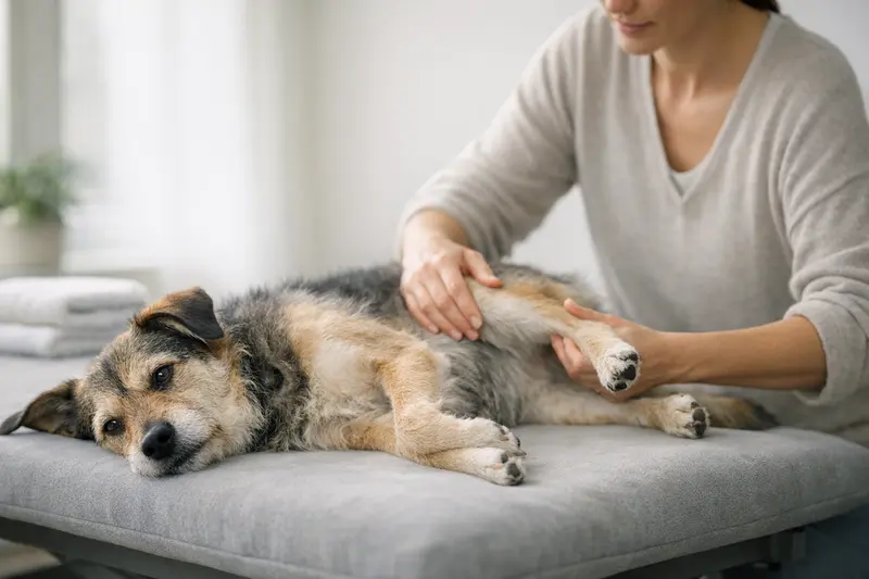 Ein Hund erhält eine sanfte passive Mobilisation in einer beruhigenden Therapiesituation.