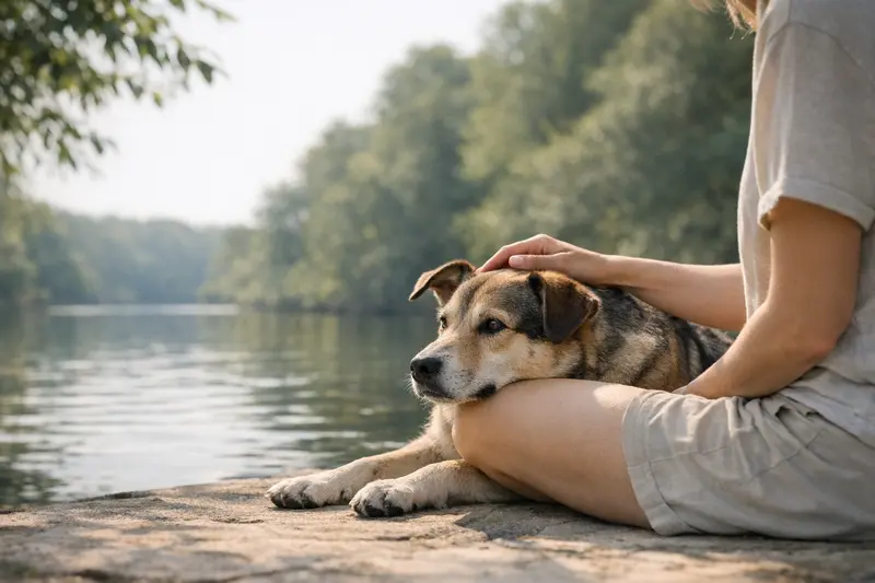 Ein entspannter Hund sitzt im Schatten neben einem Gewässer und genießt die ruhige Umgebung.