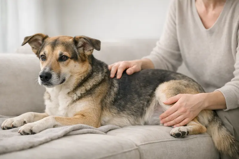 Ein entspannter Hund in unterstützender Haltung, symbolisch für Rückengesundheit und Bewegung.