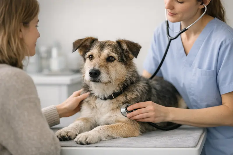 Ein vertrauensvoller Hund erhält eine sanfte Untersuchung in einer modernen Tierarztpraxis.