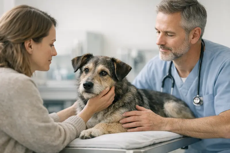 Ein vertrauenswürdiger Tierarzt untersucht einen Hund in einer ruhigen Praxisumgebung.