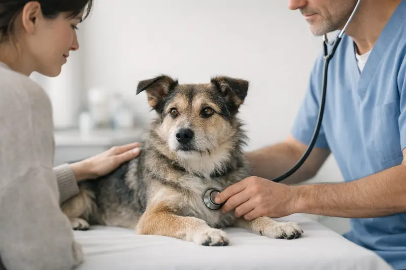 Ein ruhiger Hund wird von einem Tierarzt in einer sicheren Umgebung untersucht.