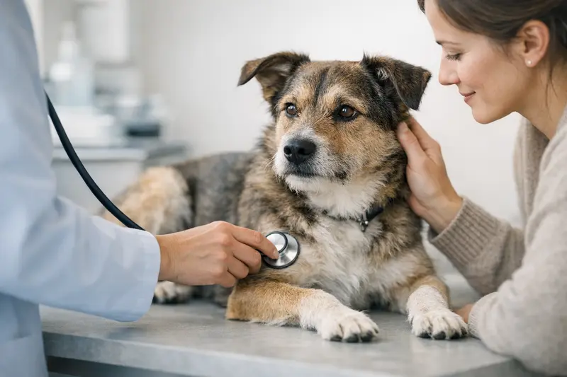 Ein ruhiger Hund wird in einer tierärztlichen Untersuchungssituation auf einem Behandlungstisch begleitet.
