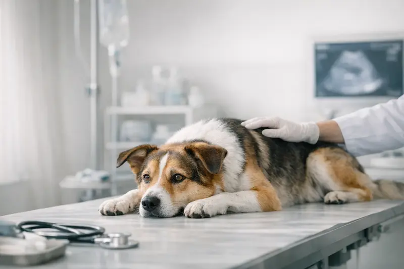 Ein ruhiger Hund wird während einer tierärztlichen Untersuchung aufmerksam betrachtet.