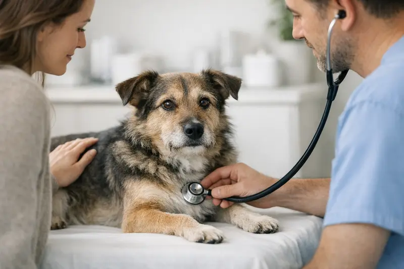 Ein vertrauensvoller Hund bei einer ruhigen Untersuchung beim Tierarzt.