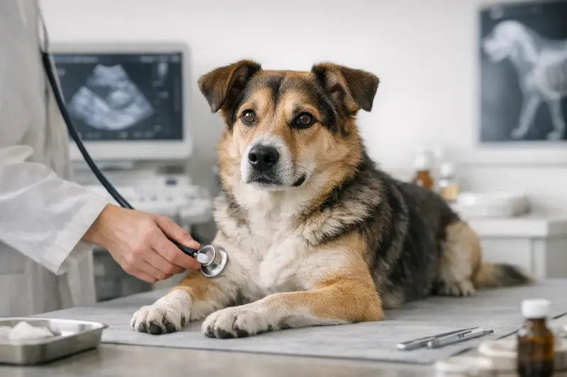 Ein ruhiger Hund wird in einer Tierarztpraxis untersucht, ohne dass Personen im Bild sichtbar sind.