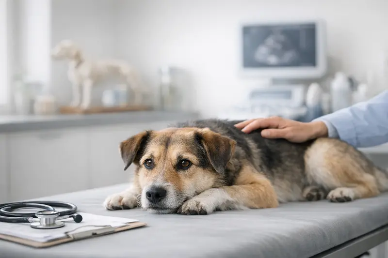 Ein ruhiger Hund wird in einer angenehmen Untersuchungssituation in einer Tierarztpraxis betrachtet.