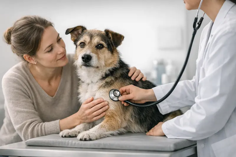 Ein freundlicher Hund wird in einer ruhigen Untersuchungssituation von einem Tierarzt betreut, was Vertrauen vermittelt.