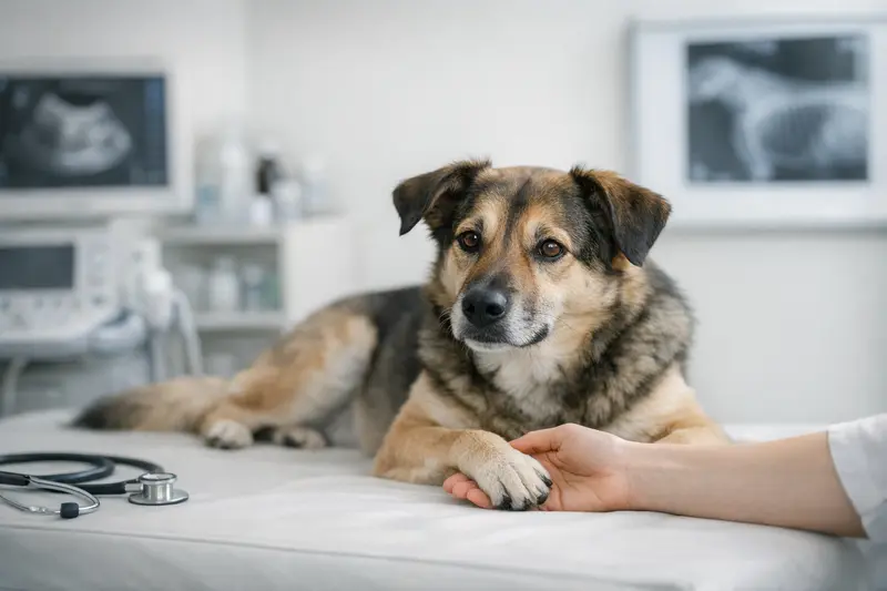 Ein Hund wird ruhig in einer Tierarztpraxis untersucht, während medizinische Geräte im Hintergrund sichtbar sind.