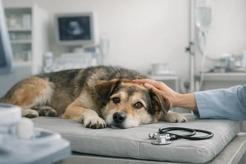 Ein Hund liegt entspannt in einer Tierarztpraxis und wird gründlich untersucht.