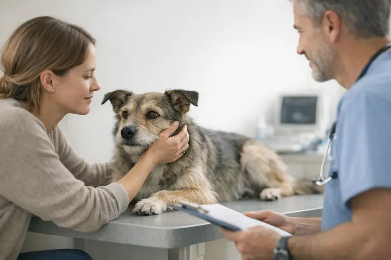 Ein Hund liegt entspannt auf dem Untersuchungstisch beim Tierarzt, was Vertrauen in die Tiergesundheit ausstrahlt.