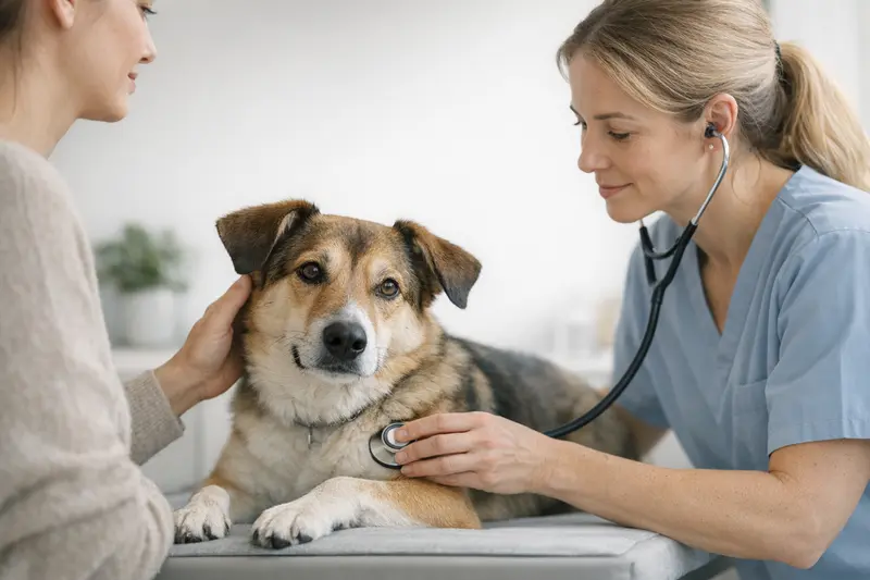 Ein ruhiger Hund während einer Untersuchung beim Tierarzt, der Sicherheit und Professionalität vermittelt.