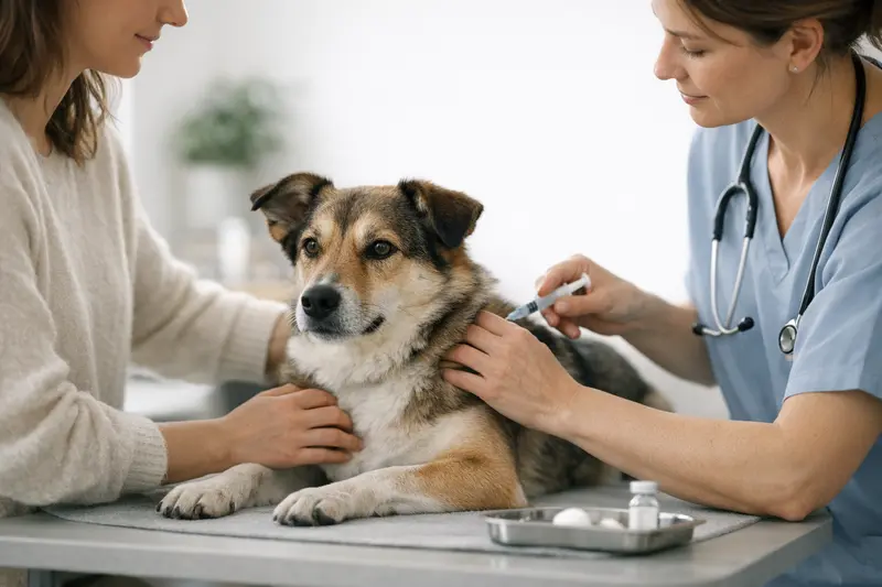 Ein ruhiger Hund wird während einer Untersuchung von einem Tierarzt betreut, um seine Gesundheit zu überprüfen.