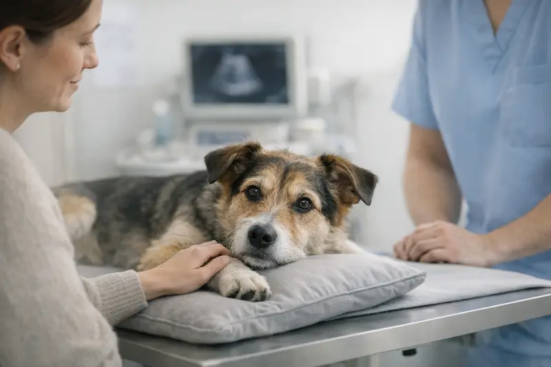 Ein ruhiger Hund liegt entspannt auf einer Untersuchungsliege beim Tierarzt.