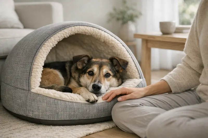 Ein entspannter Hund ruht in seiner gemütlichen Höhle im Wohnraum und strahlt Sicherheit aus.