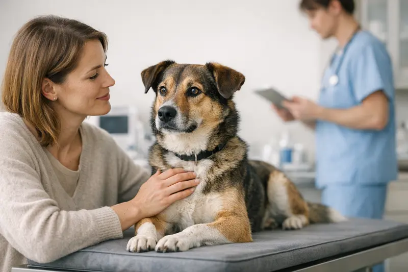 Gesunder Hund in einer modernen Tierarztpraxis, der freundlich zu seinem Tierarzt schaut.