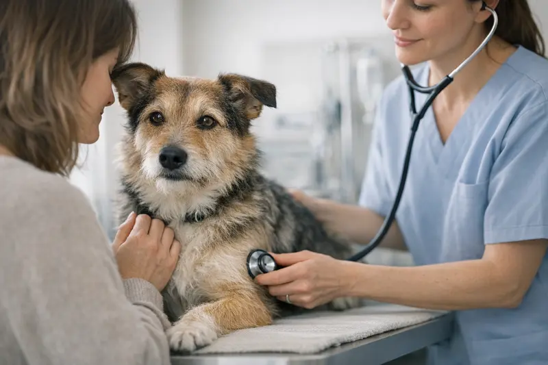 Ein gesunder Hund wird in einer tierärztlichen Praxis betreut und vermittelt ein Gefühl von Sicherheit.