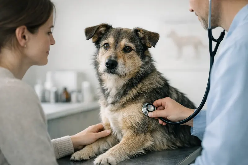 Ein gesunder Hund sitzt in einerTierarztpraxis und wird von einer Tierärztin untersucht.