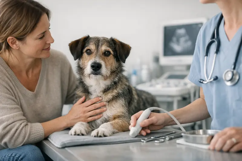 Ein gesunder Hund in einer Tierarztpraxis, der tierärztlich untersucht wird, um seine Gesundheit zu gewährleisten.