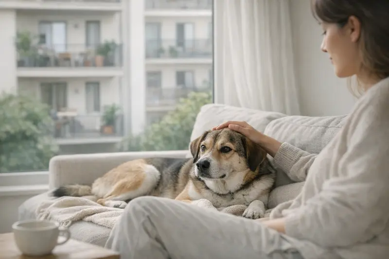 Ein entspannter Hund sitzt in einer modernen Mietwohnung und genießt die ruhige Wohnatmosphäre.