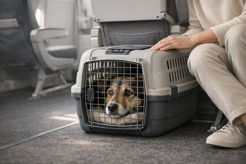 Ein ruhiger Hund sitzt sicher in einer zugelassenen Transporttasche während einer Reise.