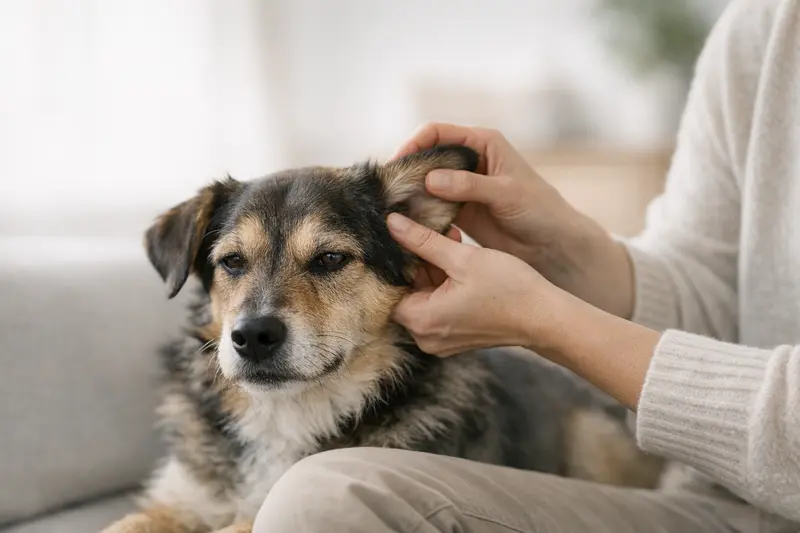 Ein entspannter Hund wird behutsam am Ohr gekrault, was eine beruhigende Pflegesituation reflektiert.