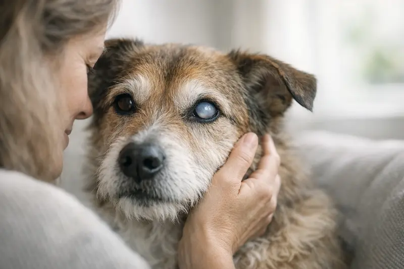 Nahaufnahme eines Hundes mit aufmerksamem Blick zur Veranschaulichung von Katarakt und Sehbeeinträchtigungen.