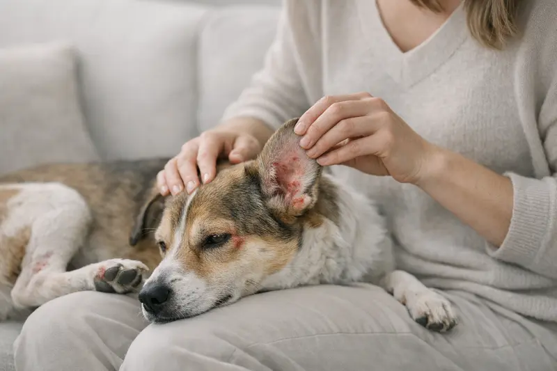Ein ruhiger Hund mit Fokus auf seinen Ohren, der Anzeichen von Allergie-Symptomen zeigt.