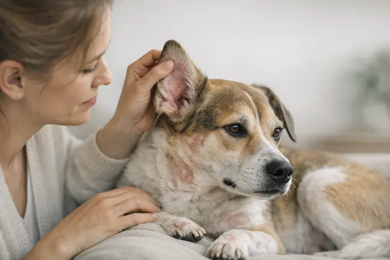 Ein gesunder Hund mit fokussiertem Blick zeigt Anzeichen von Haut- und Ohrenallergien.