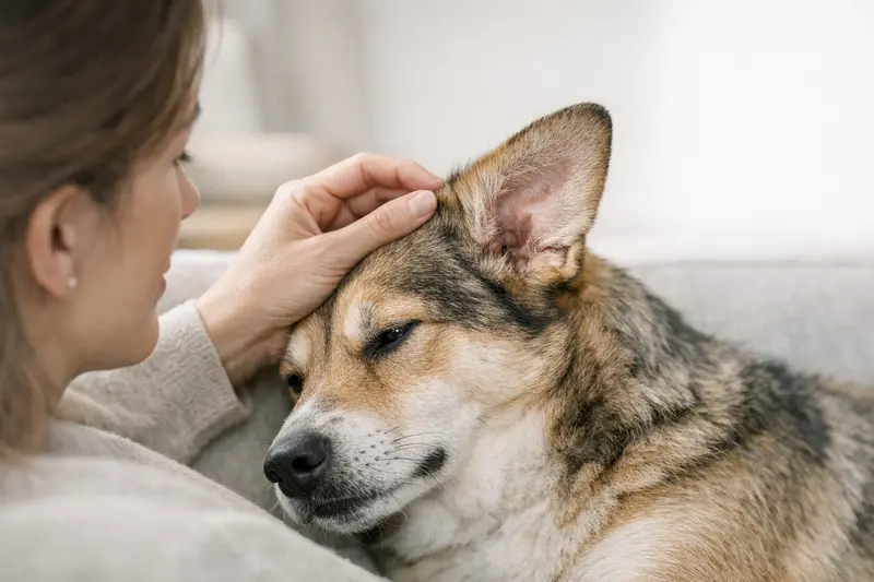 Nahaufnahme eines gesunden Hundes mit Fokus auf die Ohren, um Symptome zu vermitteln.
