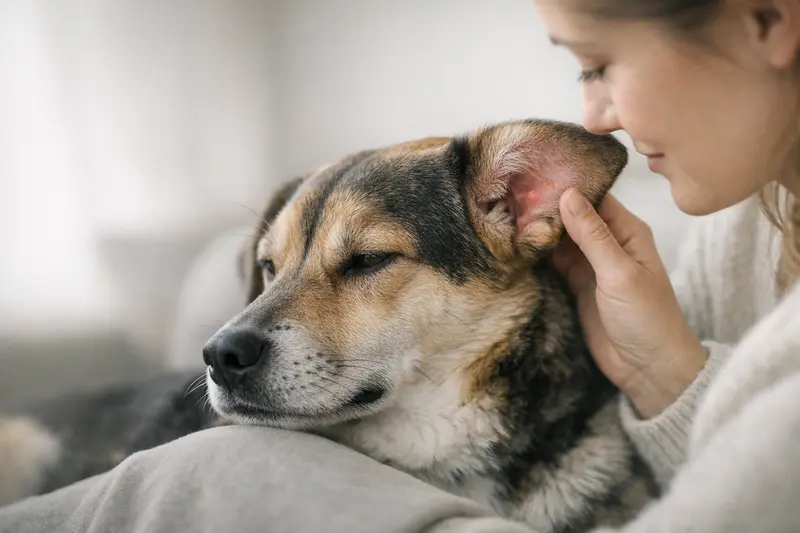Nahaufnahme eines Hundes mit konzentriertem Blick, der seine Ohren anzeigt und Interesse zeigt.