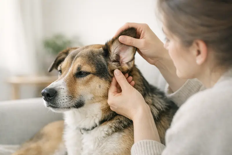 Ein Hund mit Fokus auf den Ohrbereich, der auf Ohrenbeschwerden hinweist.