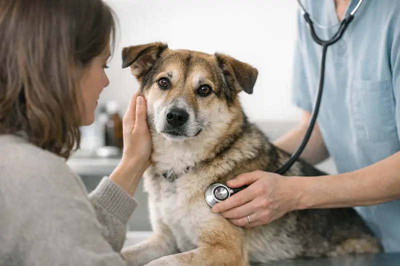 Ruhiger Hund beim Tierarzt, der Vertrauen ausstrahlt.