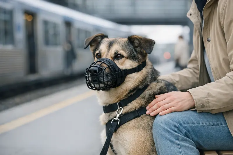 Ein ruhiger Hund trägt einen gut sitzenden Beißgitter-Maulkorb am Bahnhof, was Sicherheit und Gelassenheit ausstrahlt.