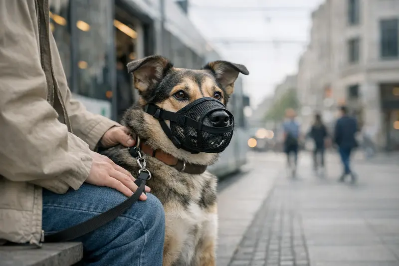 Ein Hund mit gut sitzendem Maulkorb in einer urbanen Umgebung, ideal für den Alltag.