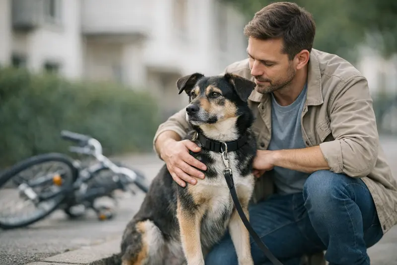 Ein verantwortungsbewusster Hundebesitzer spielt mit seinem Hund im Park und zeigt damit die Wichtigkeit der Haftpflichtversicherung.
