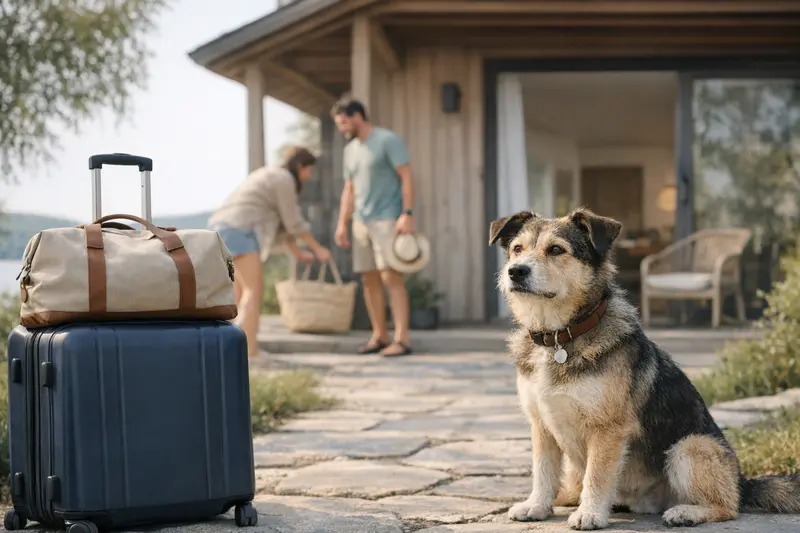 Ein fröhlicher Hund mit Reisegepäck an einem Ferienhaus, bereit für den Urlaub.