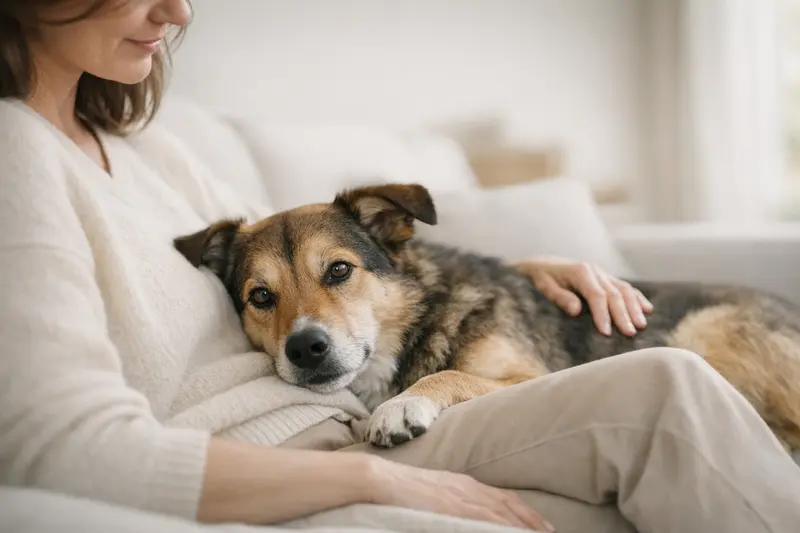 Ein ruhiger Hund mit gepflegtem Fell entspannt im Garten.