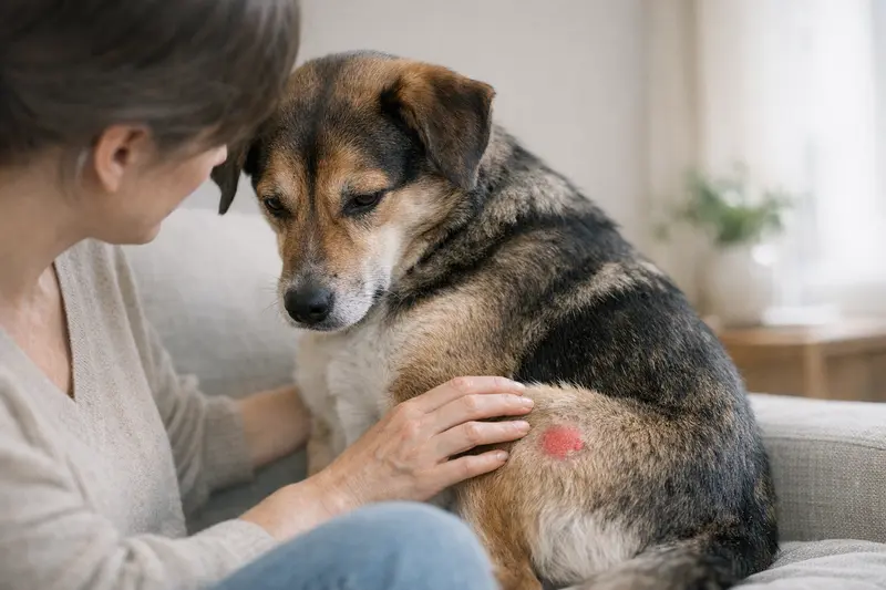 Ein Hund mit einer dezenten Hautirritation an der Beininnenseite, der in einer natürlichen Umgebung sitzt.