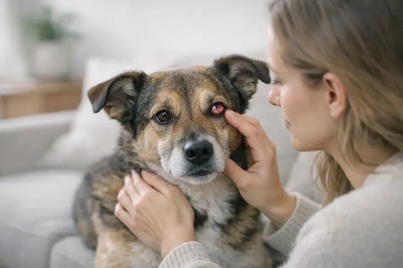 Hund mit sichtbarer Augentrübung und Rötung, ein Anzeichen von gesundheitlichen Problemen.