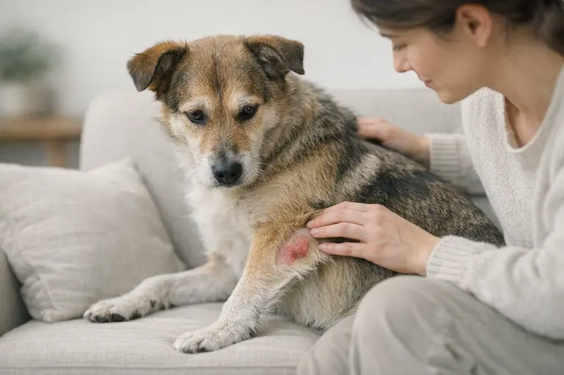 Ein ruhiger Hund mit sichtbarer Hautstelle in entspannter Umgebung, ideal zur Identifikation gesundheitlicher Probleme.