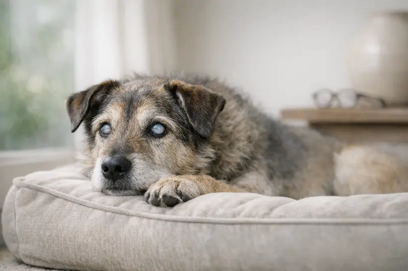 Älterer Hund mit sichtbarer Linsentrübung, der für das Thema Sehverlust sensibilisiert.