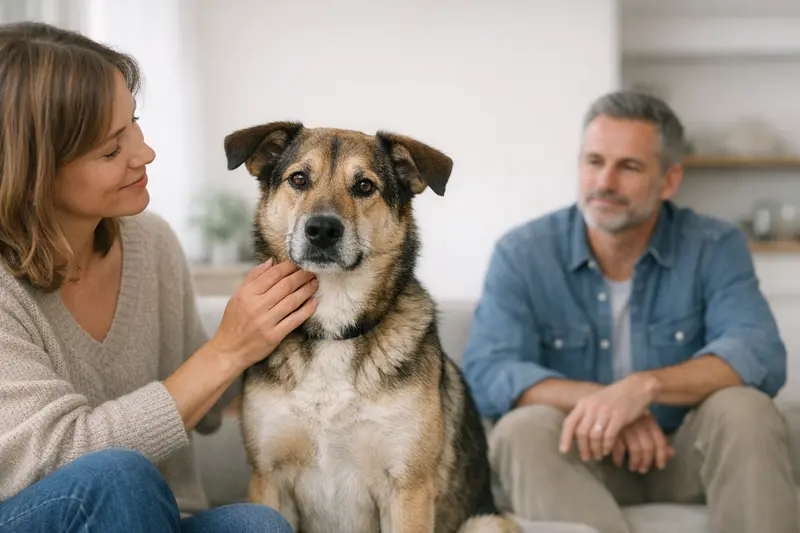 Ein vertrauensvoller Hund steht zwischen zwei Bezugspersonen in einer neutralen Alltagsszene.